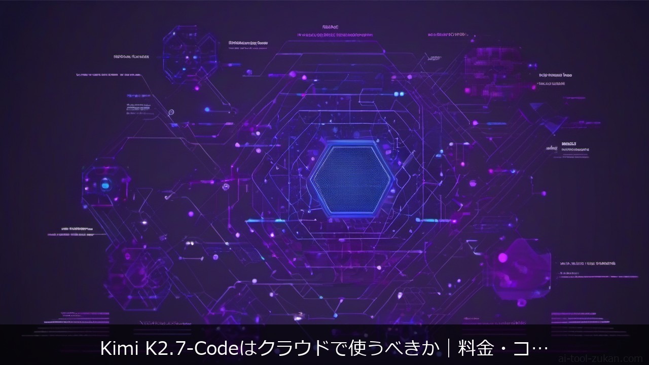 Kimi K2.7 Code cloud coding AI model, abstract circuit network nodes, indigo purple gradient, minimal flat geometric, technical, neutral, no character, no textに関する記事のアイキャッチ画像 - Kimi K2.7-Codeはクラウドで使うべきか