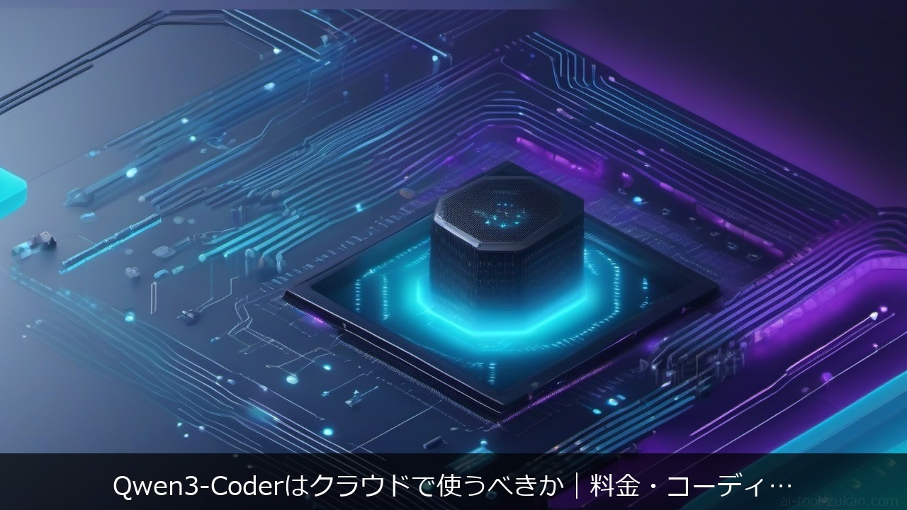 Qwen3-Coder cloud coding AI model, abstract circuit data-flow nodes, teal cyan gradient, minimal flat geometric, technical, neutral, no character, no textに関する記事のアイキャッチ画像 - Qwen3-Coderはクラウドで使うべきか