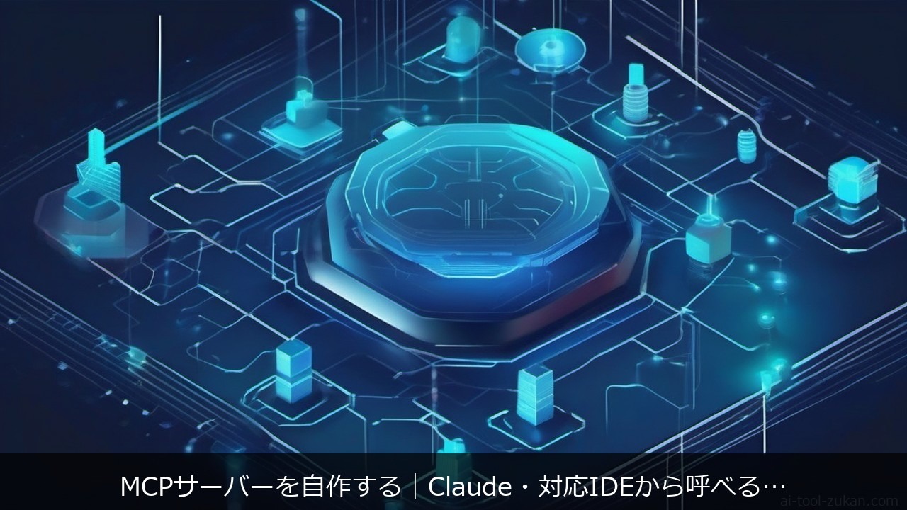Model Context Protocol server connecting an AI to external tools, abstract connector ports and circuit nodes, USB-C style plug motif, indigo blue gradient, minimal flat geometric, technical, neutral, no character, no textに関する記事のアイキャッチ画像 - MCPサーバーを自作する｜Claude・対応IDEから呼べる自前ツールをPythonで実装する手順
